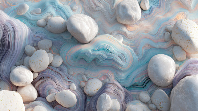 Abstract swirling patterns with smooth white stones create a serene, ethereal aesthetic. The interplay of colors and textures creates a captivating, artistic effect