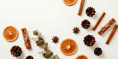 Dried Orange Slices Cinnamon Sticks Pinecones and Star Anise Flat Lay fruit citrus