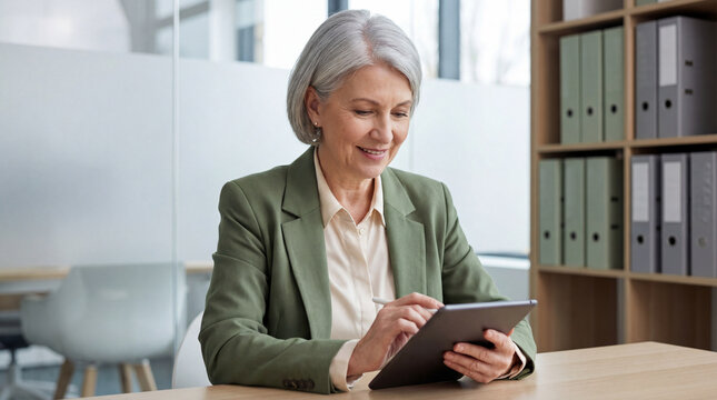 Smiling senior businesswoman using digital tablet in modern office, confident elderly professional working on technology and communication - Powered by Adobe