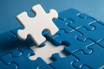Fototapeta premium White piece completing blue puzzle symbolizing teamwork problem solving unity and success through cooperation in workplace strategy
