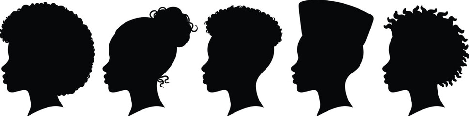 PrintAfrican American female and male profile silhouettes set, various natural hairstyles including afro, bun, fade, and coils, representing black beauty and culture