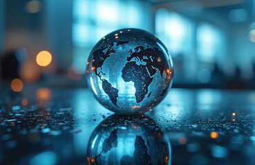 Glass sphere shows world map with digital circuit patterns. Global network connections glow. Futuristic tech concept reflected on dark wet surface. Data streams connect continents.