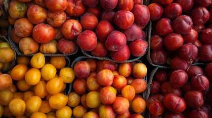 Colorful fruits arranged in baskets at a market during the daytime