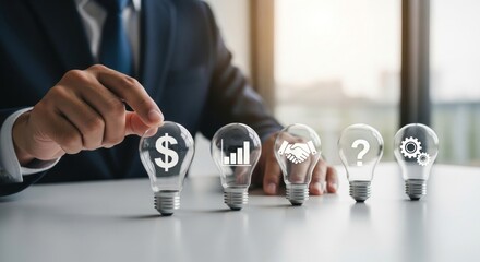 A businessman in a suit and tie, holding a light bulb with a dollar sign, a bar graph, a handshake, a question mark, and a gear icon on it.