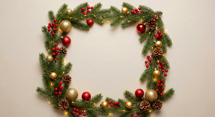Festive Christmas Wreath with Ornaments Lights and Pine Cones on Neutral Background decoration holiday