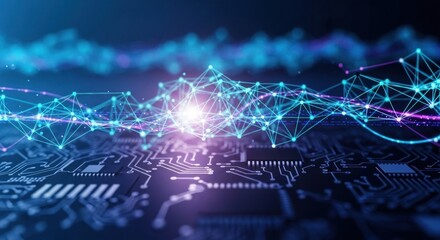 A digital circuit board with a glowing network of connections and a central light source.