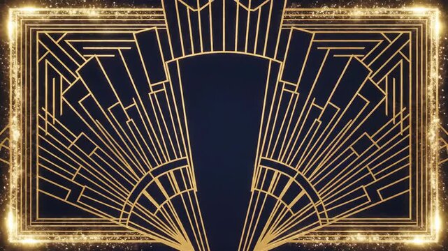 Golden art deco frame with moving light. Elegant classic pattern background for intro, event announcement, title text.