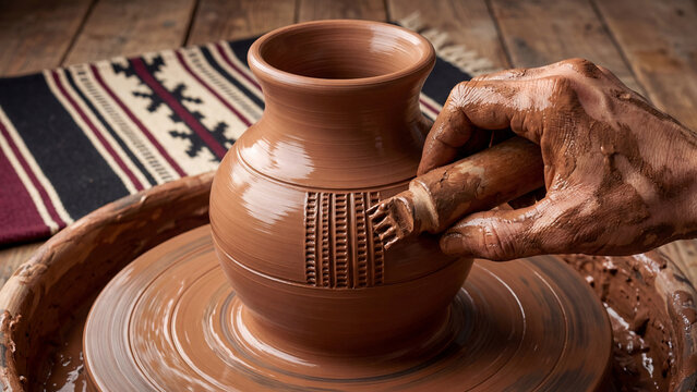 Artisan Impressing Traditional Sadu Pattern into Wet Clay Pottery