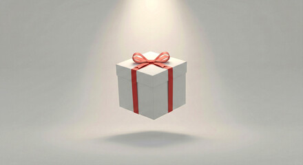 Floating White Gift Box Tied with a Red Ribbon and Bow Under a Spotlight present