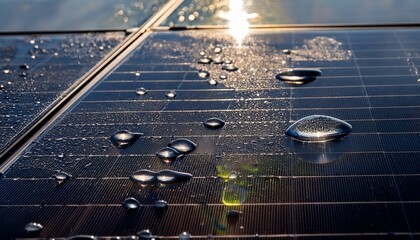 a close up photograph of a solar panel with water droplets reflects the surrounding natural beauty the photo tells a compelling story about renewable energy and sustainability