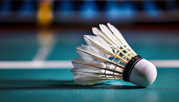 a close up shot of a badminton shuttlecock resting on the court a sharp focus highlights the feather details and texture emphasizing the sporty feel