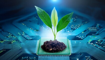 bio technology and digital agriculture concept integrating nature and high tech electronics a green seedling growing in soil on a computer microchip with a glowing circuit board background