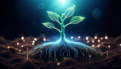 bio technology and digital root network concept energy flow and connection in natural systems a seedling with a glowing digital circuit like root system in the dark soil