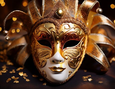 an exquisite venetian carnival mask adorned with opulent gold detailing and intricate designs evokes a sense of mystery and allure
