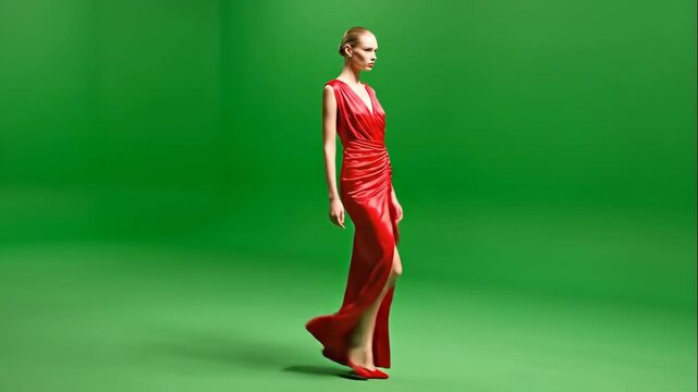 caucasian fashion model walking in elegant red silk dress against green screen background. young woman posing for runway show. fashion week concept. chroma key layout, video compositing.