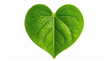 Glossy green leaf with symmetrical veins on white background showcasing botanical clarity and natural structure