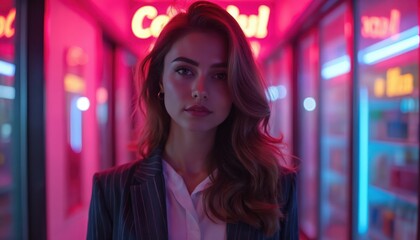 Young woman in dark urban setting with vibrant neon lights. Wears smart pinstripe suit jacket over white shirt, exuding confidence, modern style. Wavy hair frames face, illuminated by colorful glow.