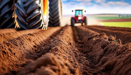 close up of rich brown soil in a furrow with a large tractor tire blurred in the background highlighting texture depth and everyday farming work