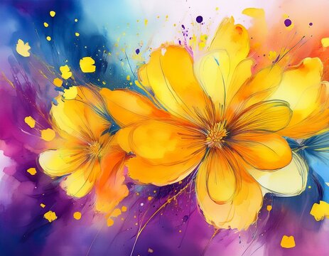 bright abstract watercolor wash background with expressive yellow flowers and scattered petals vibrant artistic backdrop yellow blossoms on a colorful purple blue pink and orange painted splash - Powered by Adobe