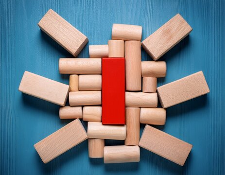 dominant red block surrounded by beige blocks on a light wooden surface with blue background