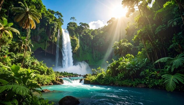 Tropical waterfall cascading into turquoise pool surrounded by dense greenery and sunlight mist evoking paradise tranquility