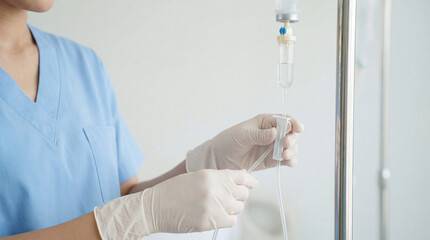 Nurse adjusting intravenous drip line with gloved hands in hospital ward for patient medication and fluid therapy care