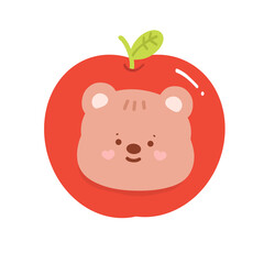 Cute brown bear face inside red apple with green leaf, playful smiling expression and soft pastel cheeks