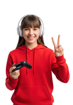 cheerful caucasian teen girl (13) in red hoodie, white headphones, and bangs, smiling, holding a black controller, victory sign, bright white studio setting. concept of youth gaming success