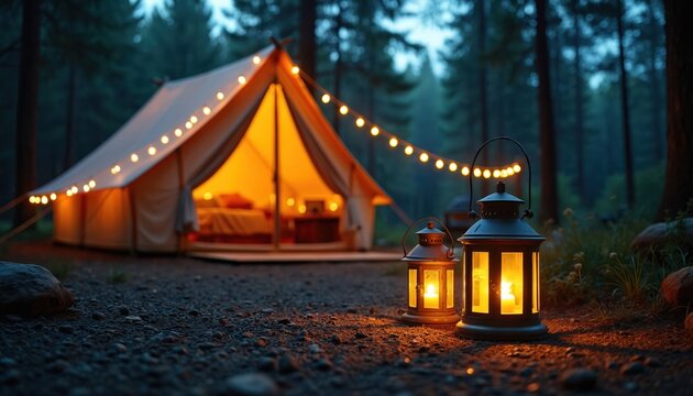 Cozy canvas tent glows at night in forest. String lights and lanterns create warm atmosphere. Peaceful glamping experience in nature awaits.