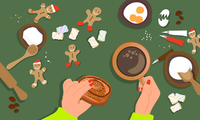 Coffee Time. Christmas coffee. Cozy time.&nbsp;Christmas and New Year concept. Top view. Prepare Christmas food. Vector illustration.&nbsp;Vector Illustration.