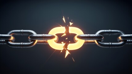 Metal chain link breaking with glowing fracture representing supply chain security breach and risk mitigation.