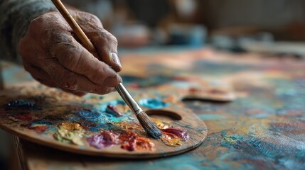 Fototapeta premium Artisan at Work: An artistic hand delicately guides a paintbrush across a vibrant palette, blending colors with passion and precision. Every stroke a testament to the artisan's skill and dedication.
