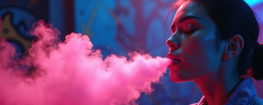 Woman exhales pink vapor in urban setting with neon lights and graffiti art. This modern device use offers an alternative to smoking traditional cigarettes.