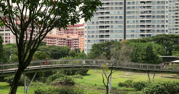 People walk across a modern pedestrian bridge in a lush urban park. Urban nature, healthy lifestyle, and modern city living concept. Residential buildings background.