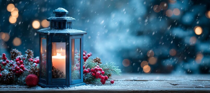A christmas lantern with a burning candle sits on a wooden table, against a blue background with bokeh lights and snowflakes. the decorations include red berries, pine cones. - Powered by Adobe