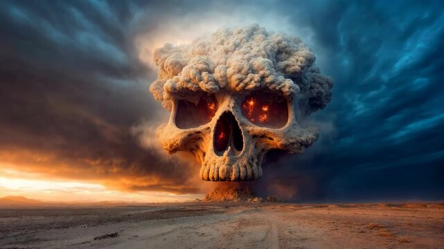 Massive skull shaped cloud with fiery eyes rises over desert plain creating dramatic apocalyptic scene about destruction war and looming environmental catastrophe