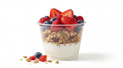 Granola parfait with fresh strawberries blueberries raspberries and yogurt in clear cup on white background