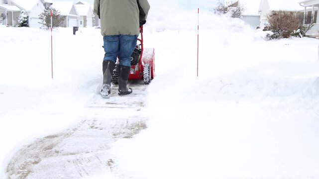 man walking away blowing clearing snow with snowblower to clean sidewalk of snow