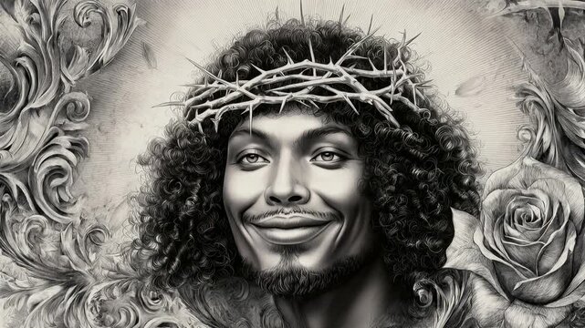 Artistic drawing of Jesus with crown of thorns surrounded by ornate patterns expressing faith sacrifice spirituality and powerful religious devotion in monochrome style