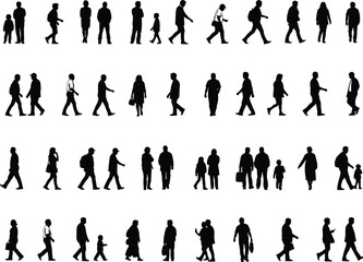 Large vector set of diverse people silhouettes walking, including men, women, and children, carrying bags and pushing strollers, ideal for urban crowd and architectural scale figures design.