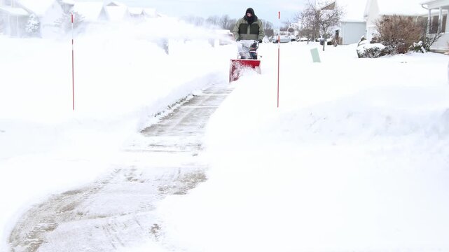 man in nieghborhood clearing snow from sidewalk for student kids to walk to bus stop, Using a snowblower to clean snow from sidewalk