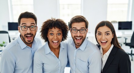 Obraz premium Four business professionals standing in an office with wide-eyed expressions.