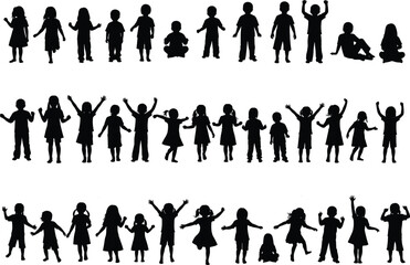 Obraz premium Large vector set of happy children silhouettes, young boys and girls standing, sitting, cheering with hands raised, and playing, isolated on white background for fun, youth, and education graphics.