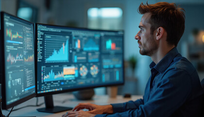 Man works on computer with multiple monitors displaying charts graphs data. Analyst studies financial charts, planning strategy, working in office.