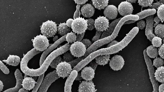 3D medical illustration of biological microorganisms. Abstract scientific background of germs, viruses or nematodes moving in gray monochrome.