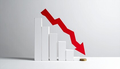 Bar graph with rising trend then sharp drop and red arrow evokes business decline and performance loss visualization