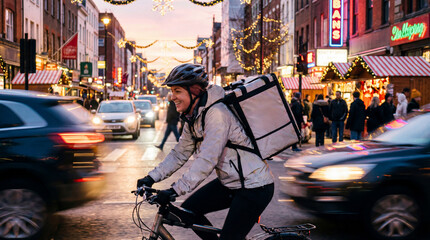Smiling Female Bike Courier Cycling on a Festive City Street at Dusk with Christmas Lights