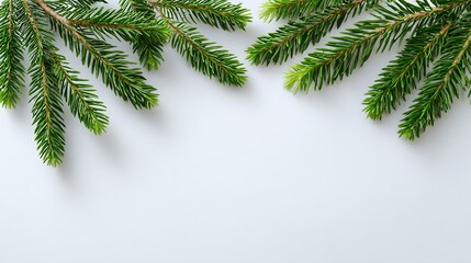 Obraz premium Rustic white wooden background covered with snow and fresh pine branches 