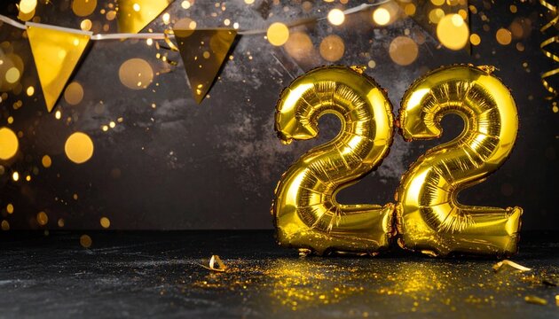 Golden 22 balloons with bokeh lights and pennant decor evoke festive birthday or anniversary celebration atmosphere