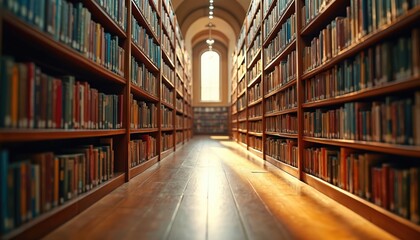 Fototapeta premium Low angle shot shows long aisle of bookshelves filled with books. Sunlight streams in from tall window at far end of library, illuminating polished wooden floor. Cinematic interior evokes sense of